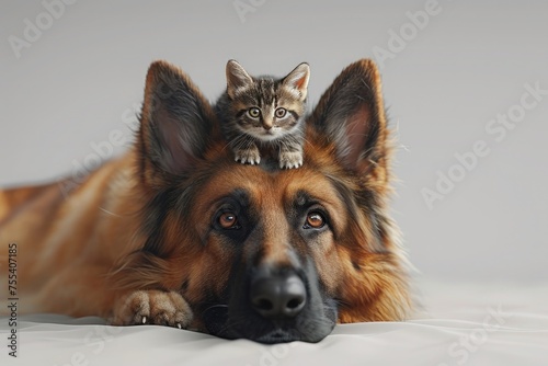 Portrait of a shepherd dog with cat.