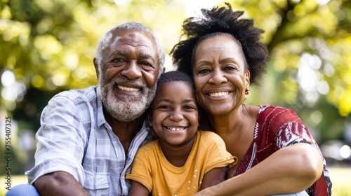 A smiling elderly man and a middle-aged woman embracing a young child, evoking a warm, multi-generational family moment in an outdoor, sunlit setting.