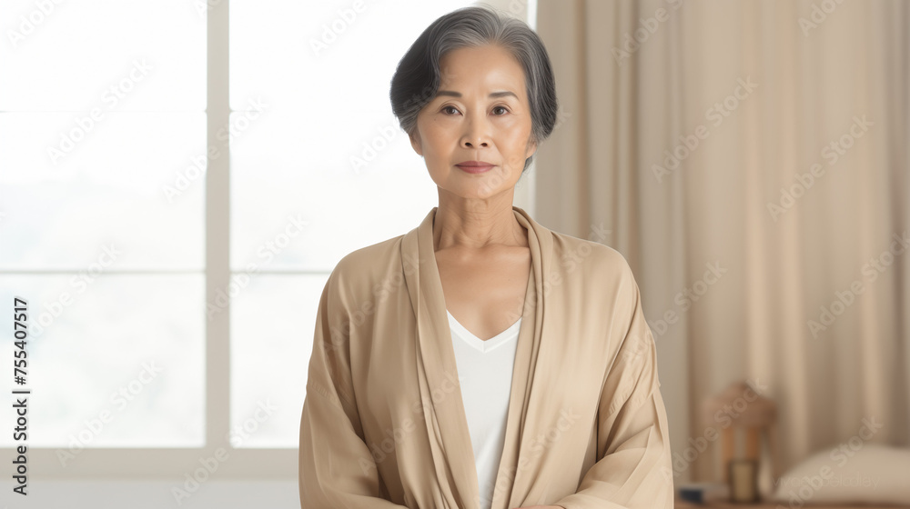 Graceful Senior Asian Woman in Elegant Beige Attire, Serene and Sophisticated with Window Background. The concept of calm quiet luxury. Graceful Senior Asian Woman in Elegant Beige Attire, Serene and Sophisticated with Window Background. The concept of calm quiet luxury.