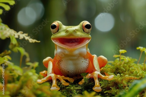 Gliding frog look like laughing on moss.