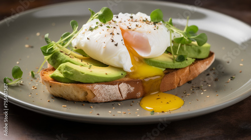 Gourmet Avocado Toast with Poached Egg, Healthy Breakfast Concept on a Modern Plate