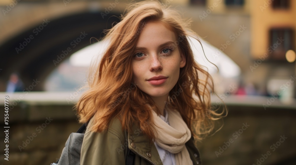 A woman with long red hair wearing a scarf. Suitable for fashion and winter themed projects