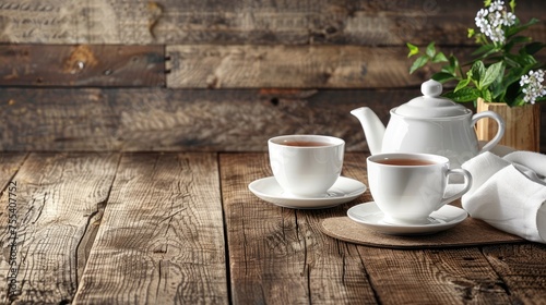 Tea concept with white tea set of cups and teapot with fresh tea on wooden background with copy space. Generative Ai 