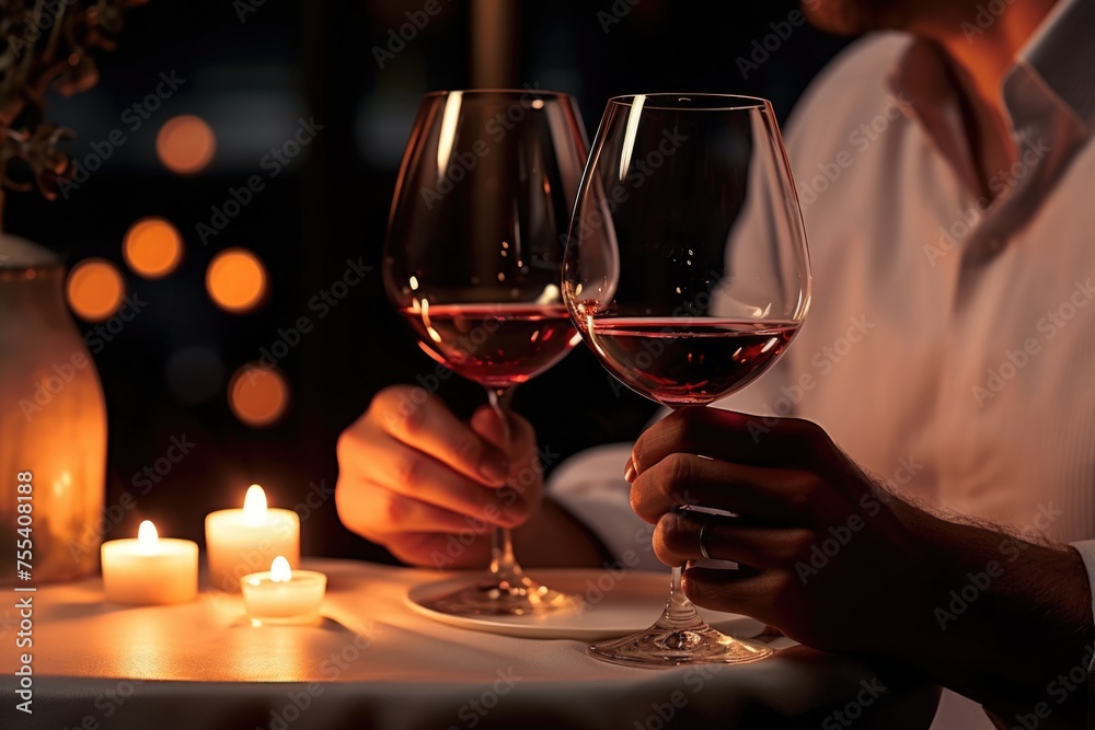 A man and a woman sitting at a table with wine glasses. Suitable for lifestyle and romantic concepts