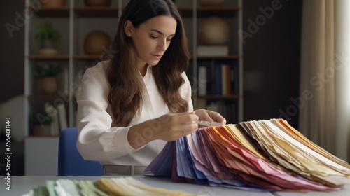Woman sitting at table with papers, suitable for business concept