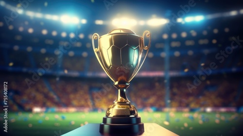 Golden trophy in grass on soccer field,Trophy cup. Champion trophy,