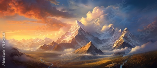A painting depicting a grand mountain range bathed in morning sunlight, with a vibrant sunset in the background. Light clouds hover above the majestic peaks. © TheWaterMeloonProjec
