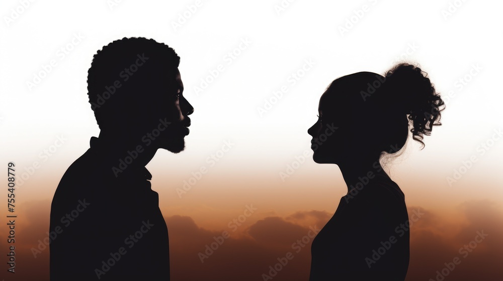 A man and a woman in silhouette against a beautiful sunset. Suitable for romantic concepts