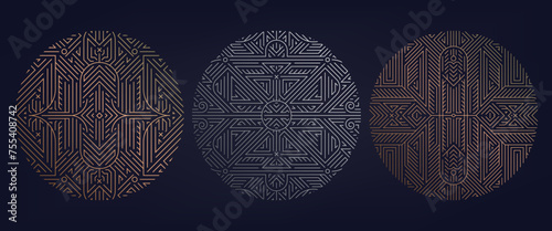 Vector set of art deco round logos, circle gold and silver ornament templates. Gatsby style line labels, luxury decor, ornate stamps. © marylia17