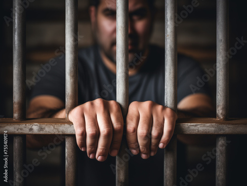 Prisoner Mexican Hispanic Angry Man Behind Bars, Hand on Cold Metal Bars, Concept of Imprisonment and Loss of Freedom