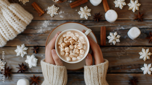 Female hands hold a cup of coffee or tea on top of a marshmallow. christmas or new year composition of hot drink , generative ai