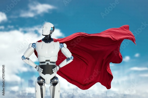 Super Robot assistant stands in a heroic pose with a red cape behind his back. Artificial intelligence help, robot to the rescue, neural networks, technology development. 3D renderer.