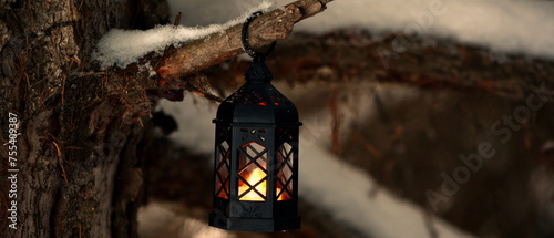 Widescreen panoramic view on lighted Christmas lantern hanging on a tree branch in dark at forest