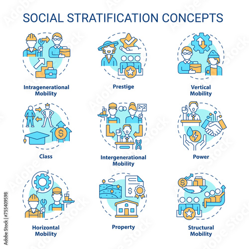 Social stratification and mobility multi color concept icons. Socioeconomic status. Society structure. Icon pack. Vector images. Round shape illustrations. Abstract idea. Easy to use in article