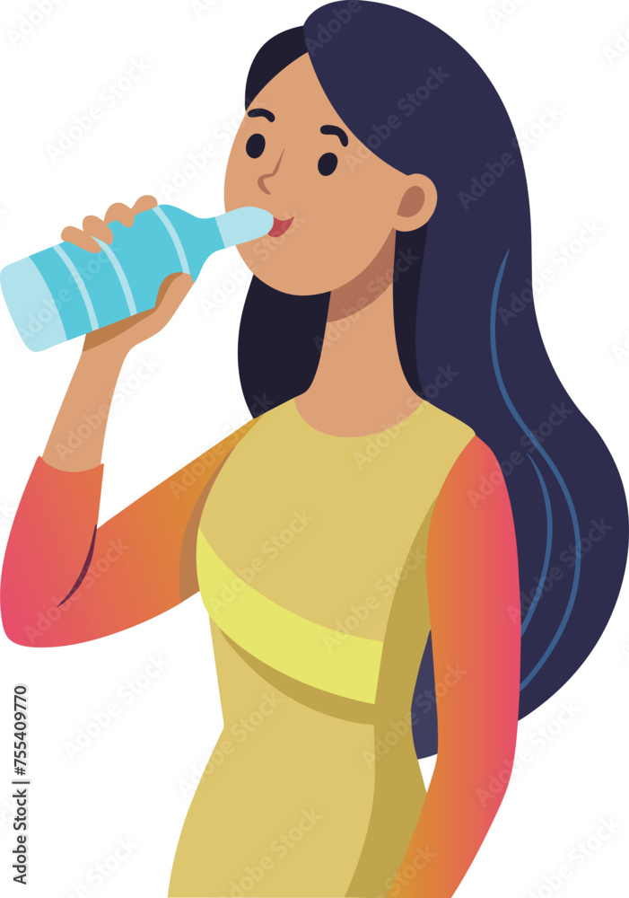 Young woman is thirsty and drinks water vector Young woman is thirsty and drinks water vector