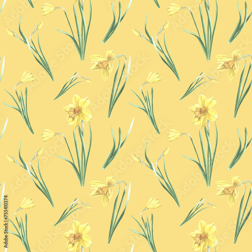 Fototapeta Naklejka Na Ścianę i Meble -  Seamless pattern from daffodils with green leaves on a yellow background. Hand drawn watercolor illustration garden spring narcissus. Template for fabrics, wallpaper, scrapbooking, wrapping, textile.