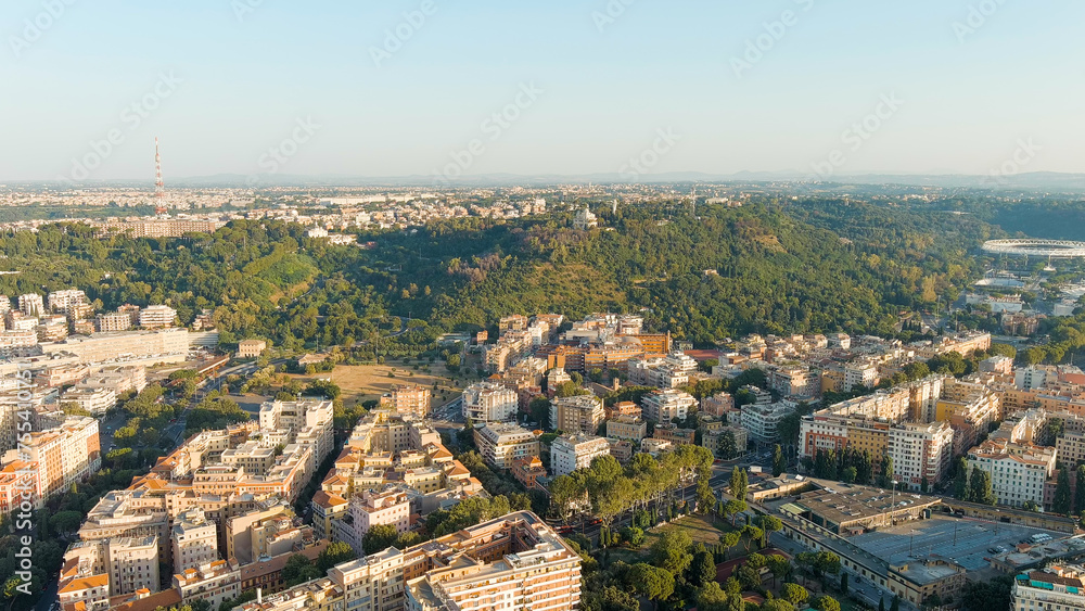 Rome, Italy. Top view of the roofs of the ancient city of Rome. Morning hours, Aerial View