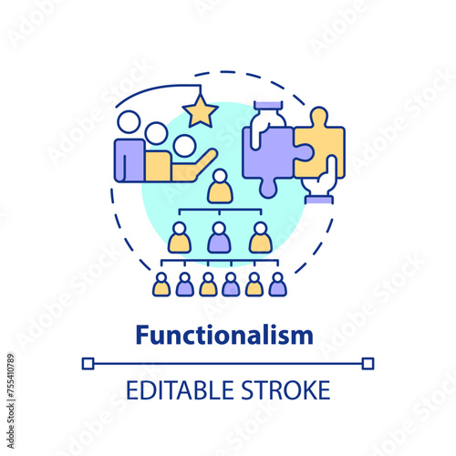 Functionalism multi color concept icon. Theory of social stratification. Social hierarchy. Team collaboration. Round shape line illustration. Abstract idea. Graphic design. Easy to use