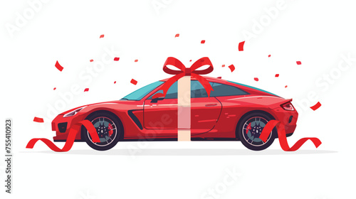 Poster with red machine and ribbon. Car gift concept