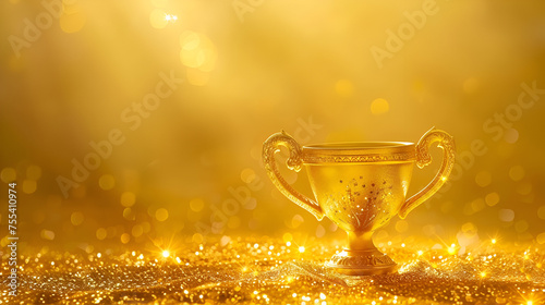 Golden Trophy Resting on Table Symbol of Achievement and Victory on yellow blackgroup, generative ai