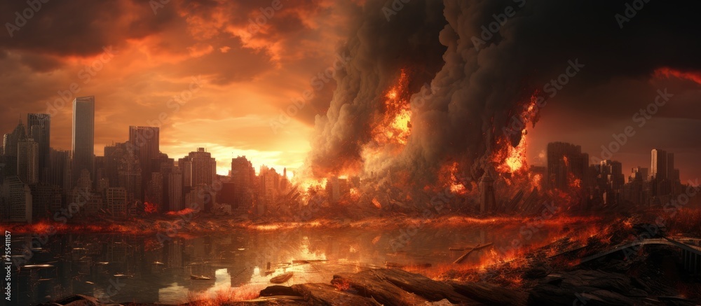 A large city engulfed in flames, billowing thick black smoke into the sky. The scene is chaotic, with buildings burning and explosions happening throughout the area.