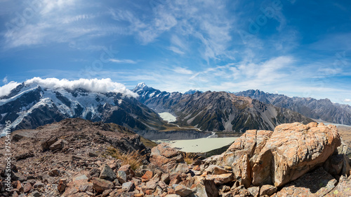 Breathtaking Views from Muller Hut Route with Mount Cook, Glacial Lake and Snowy Peaks in Aoraki/Mount Cook National Park, New Zealand