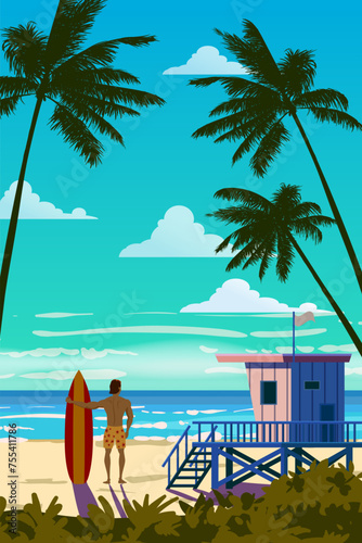 Tropical Beach Retro Poster, surfer with surfboard. Lifeguard house on the beach