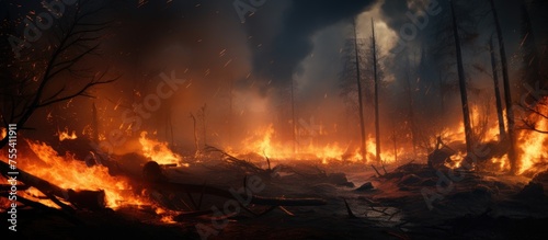 A wildfire rages  consuming the trees and undergrowth in a dense forest  sending plumes of smoke into the air. The intense flames create a harsh contrast against the greenery.