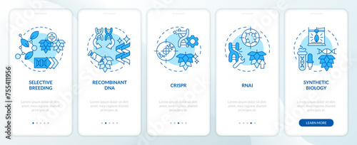 Genetic modification technologies blue onboarding mobile app screen. Walkthrough 5 steps editable graphic instructions with linear concepts. UI, UX, GUI template. Myriad Pro-Bold, Regular fonts used