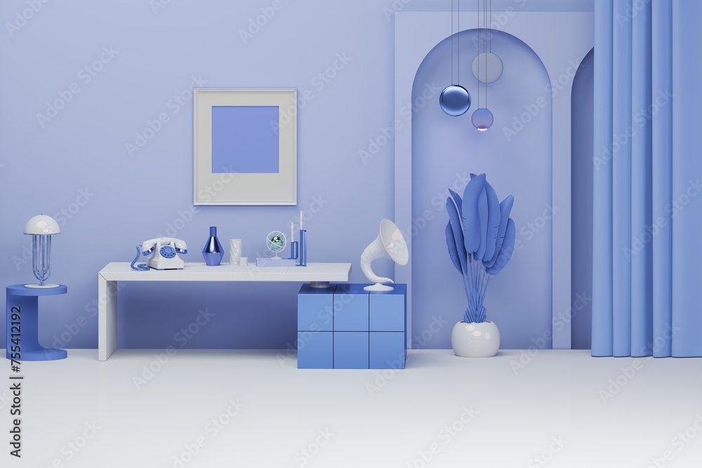 Stylish living purple tone room interior of modern apartment and trendy furniture, table on carpet floor and blue elegant accessories with art decoration, clock, lamp. 3d render