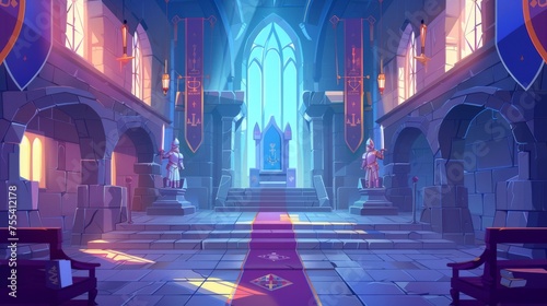 Illustration of medieval castle with thrones for the king and queen  interior of a ballroom  and guards with swords. Fantasy  fairy tale  pc game cartoon illustration.