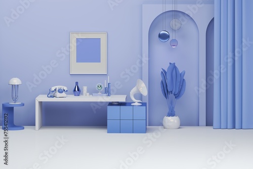 Stylish living purple tone room interior of modern apartment and trendy furniture  table on carpet floor and blue elegant accessories with art decoration  clock  lamp. 3d render