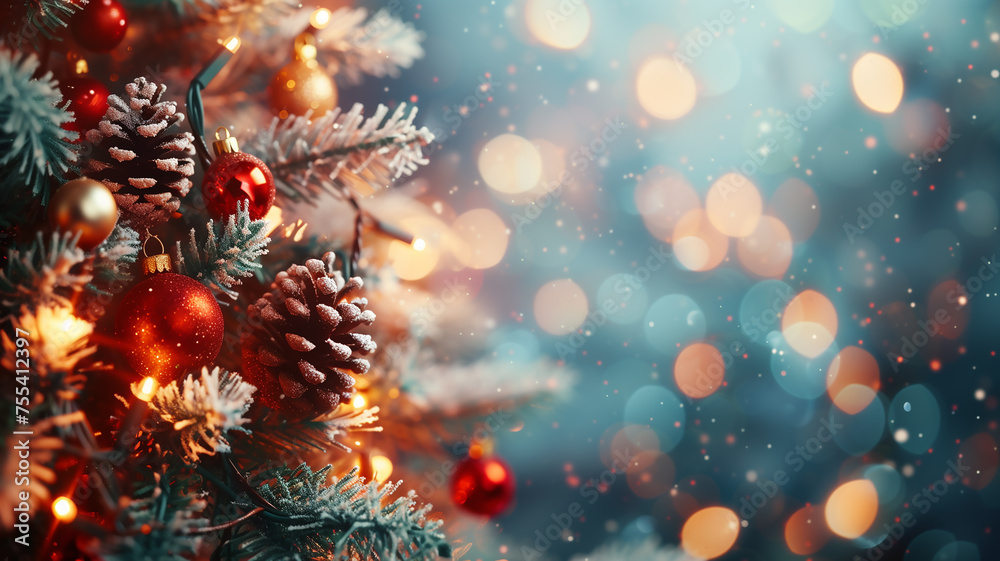 Blurred Christmas glitter bokeh background with pine tree branches, pine cones, red berries, Christmas balls. Blurred Christmas glitter bokeh background with pine tree branches, pine cones, red berries, Christmas balls.