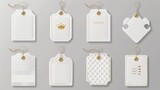 Apparel labels, premium brand white tags with crown symbol, limited edition textile badges, silk and cotton eco fabric clothing, clearance sale, realistic 3D modern illustration