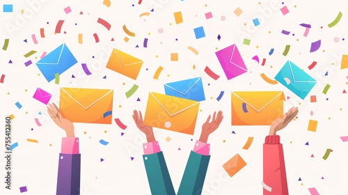 Our newsletter cartoon banner, email news subscriptions, blog update messages are submitted with applauding human hands, confetti and envelopes with pictures and sale icons. Modern illustration of photo