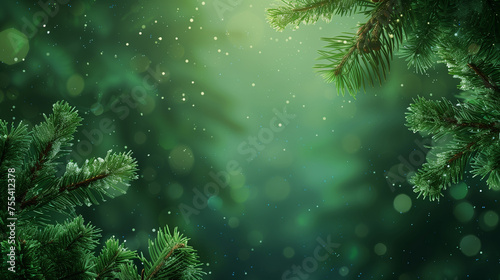 A detailed view of a pine tree branch  showcasing its textured bark  green needles  and intricate patterns. Christmas winter background  copy space.