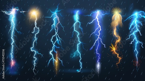 Storm lightning, thunderbolt strikes at night. Modern realistic set of blue and yellow electric impacts, sparking discharges of thunderstorm isolated on dark transparent background.