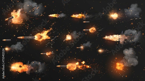 Isolated on transparent background, a modern realistic set of gun muzzle flashes, flying bullets with flame, sparks, and smoke clouds. photo