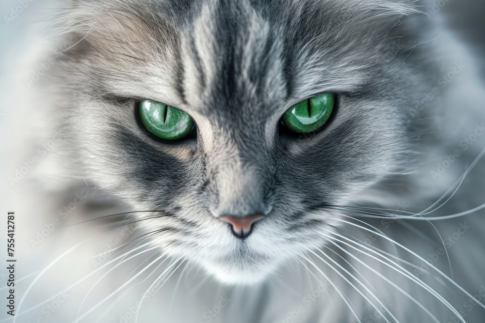 Grey long-hair cat with green eyes, focus on face . Grey long-hair cat with green eyes, focus on face .
