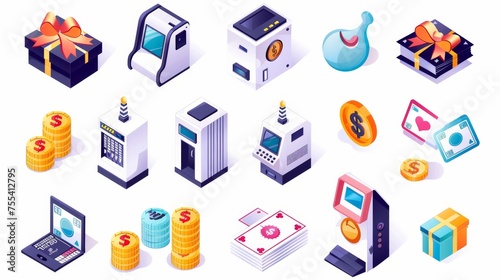 Modern set of isometric finance icons, including money, bank, cards, and ATMs. Dollar and euro coins, as well as symbols of casino, gift and smartphone app.