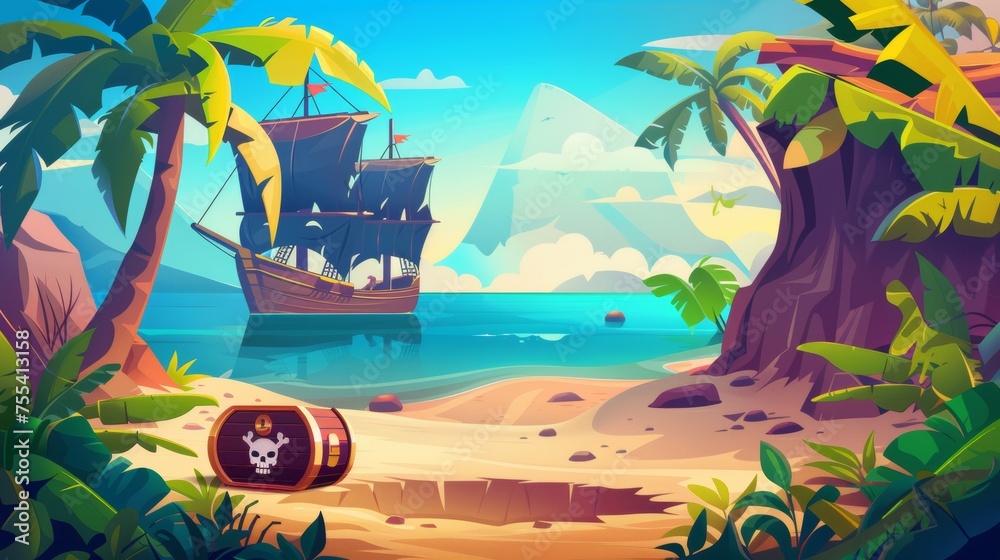 Featured is a pirate burying a treasure chest on the island beach, complete with a wooden ship with a skull on its sails, an uninhabited tropical island, and a captain's hat buried in a hole.