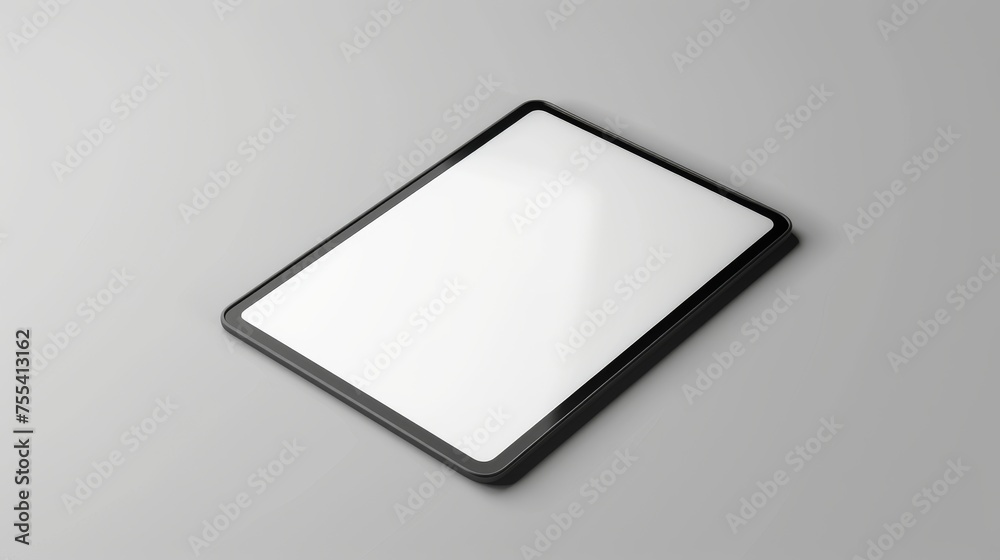 A modern realistic mockup of a tablet computer with a white screen and a black frame. Sketched in gray on a gray background, the mockup shows the front and perspective views of the blank digital A modern realistic mockup of a tablet computer with a white screen and a black frame. Sketched in gray on a gray background, the mockup shows the front and perspective views of the blank digital