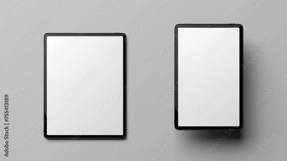 Modern smart gadget isolated on gray background with white screen and black frame. Modern realistic mockup of modern smart gadget with blank digital display front and perspective view. Modern smart gadget isolated on gray background with white screen and black frame. Modern realistic mockup of modern smart gadget with blank digital display front and perspective view.