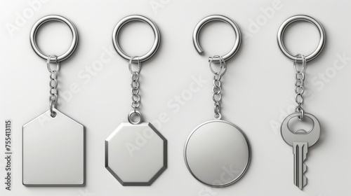 Silver colored keychains and accessories mockup. Metal keyring holders isolated on white background. Realistic 3D modern illustration, icon and clipart. photo