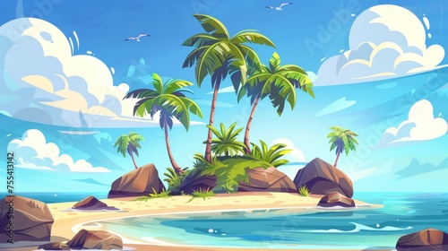 Oceanic island with beach, palm trees, and rocks with clouds above. Tropical landscape with sand and no people. Cartoon modern illustration of a tropical island in the ocean with beach, palm trees,
