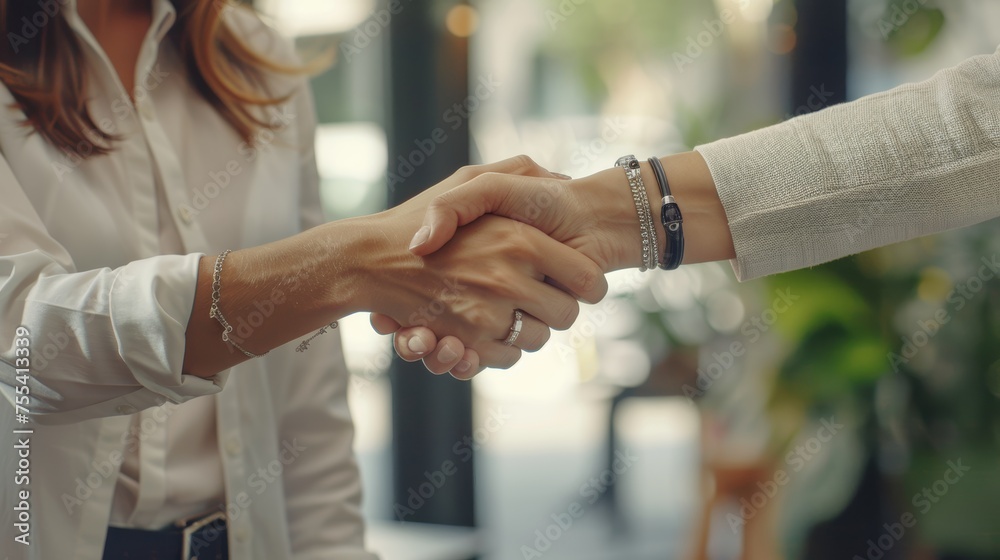 shaking hands and thank you handshake of a corporate worker in a office. Business deal, partnership and we are hiring gesture with a female hr manager ready for onboarding welcome with trust - obrazy, fototapety, plakaty 