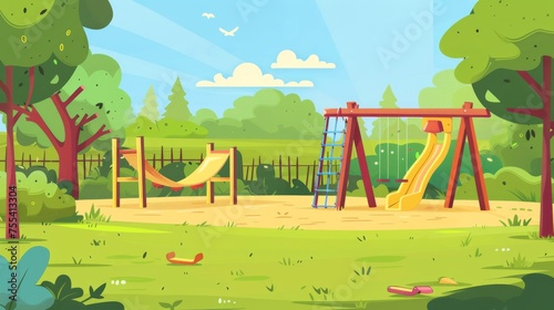 Children playing in the garden, park or backyard with slides, sandboxes and swings. Illustration of kindergarten play ground with seesaw, slider, sand pit on green grass. photo