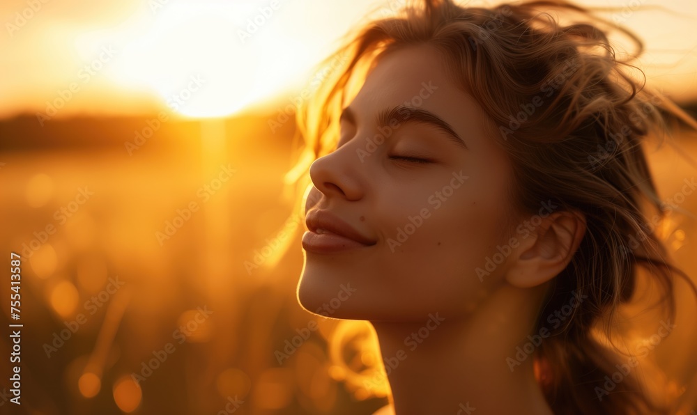 Close up beautiful face of a young caucasian girl with perfect skincare eyes closed enjoying the summer vibes standing at sunset field at golden hour