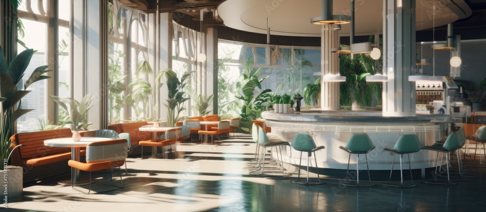 Fototapeta premium A spacious room with an art deco design features a central fountain surrounded by elegant furniture, decorative plants, and hanging lamps.