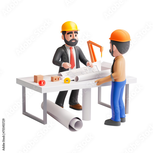 Engineer and worker with blueprints